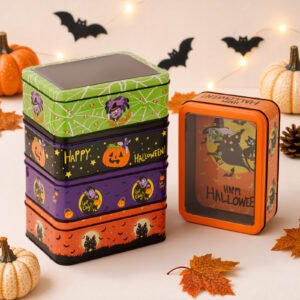 Halloween Transparent Lid Tin Boxes - Cartoon Witch, Pumpkin Candy & Cookie Storage Tins, Festive Decorative Gift Boxes