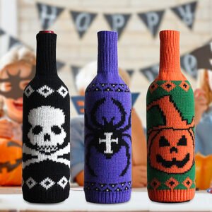 Halloween Knitted Wine Bottle Covers - Skull, Pumpkin & Spider Designs - Festive Champagne & Red Wine Bottle Decor