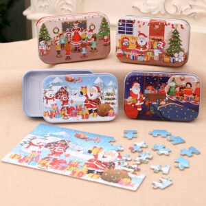 60-Piece Christmas Wooden Jigsaw Puzzle in Tin Box - DIY Educational Santa Claus Jigsaw Puzzle Toy for Kids Kindergarten Holiday Gifts