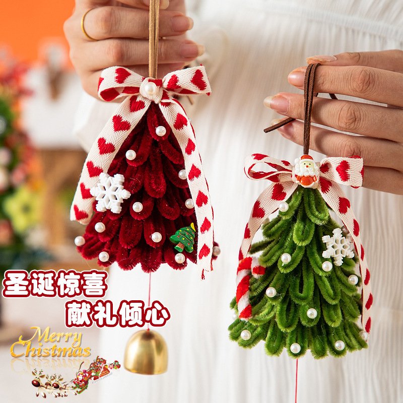 DIY Chenille Stems Christmas Tree Craft Kit - Homemade Christmas Ornament Car Hanging Decor & Headband Set with String Lights - 图片 2